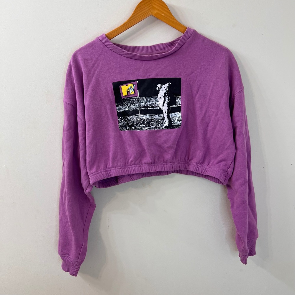 MTV Purple Cropped Sweatshirt Moonman Graphic XXL Elastic Hem 90s Retro